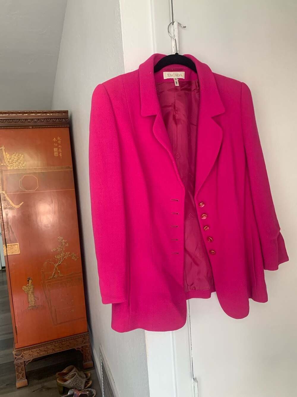 Escada Vintage Hot Pink Crepe Wool Blazer with Decorative Gold Tone Buttons